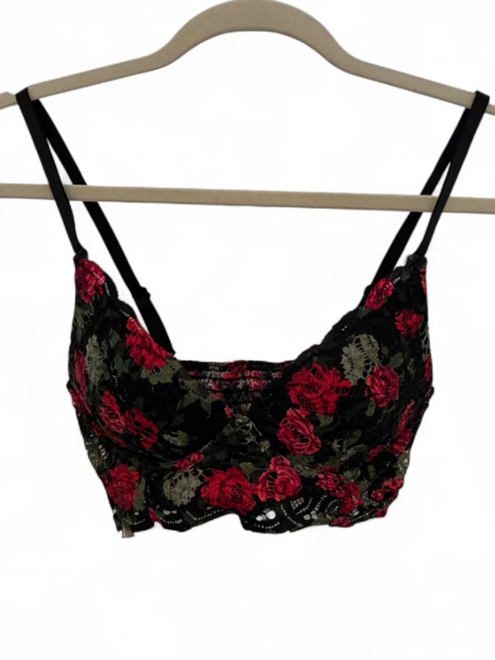 Pink Victoria’s Secret Floral Lace Padded Bralette - Black with Red Rose Print